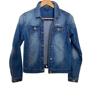 Guess denim jean jacket crystal embellishments soft denim blue size 14